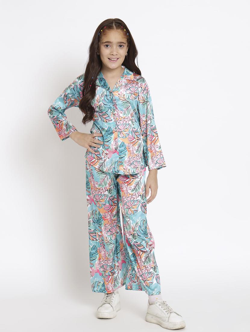blue printed top pants set