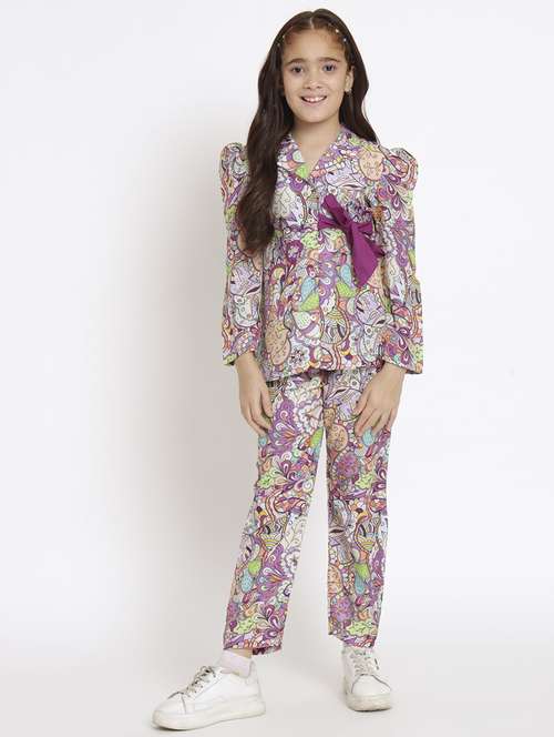 girls purple printed top pants co-ord set - 20117367 - Standard Image - 0
