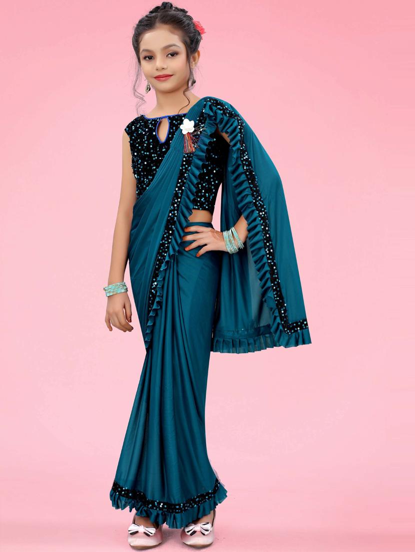 teal blue solid with ruffle border saree - 20117664 - Zoom Image - 0