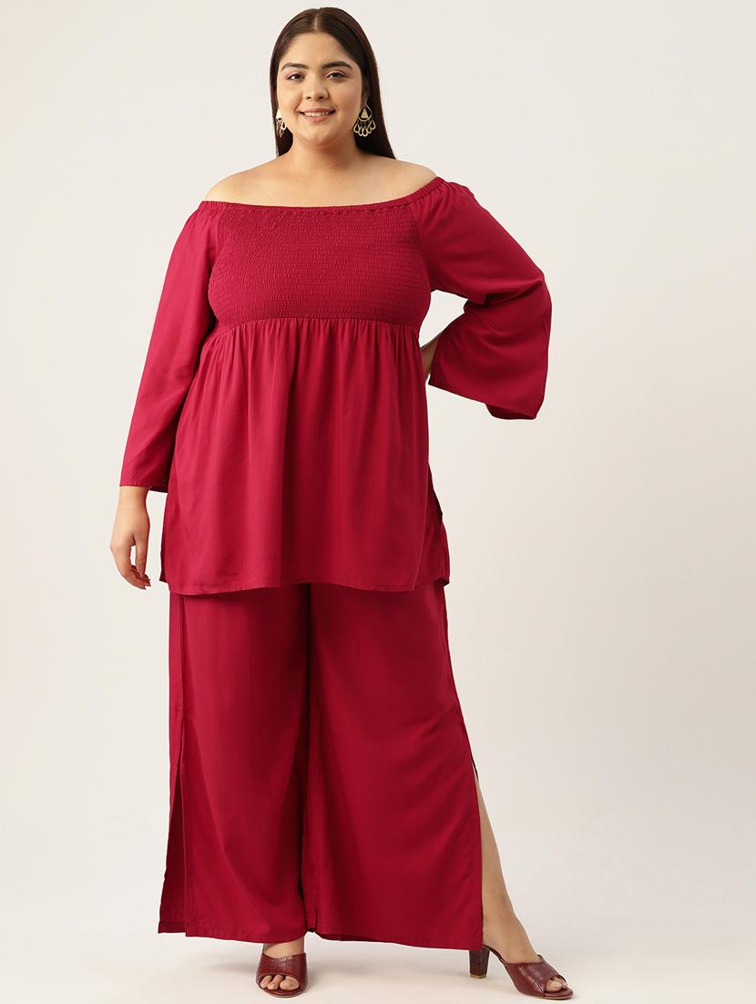 red solid off-shoulder top and palazzo co-ord set - 20120478 - Zoom Image - 0