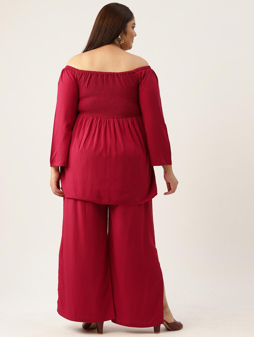 red solid off-shoulder top and palazzo co-ord set - 20120478 - Standard Image - 3