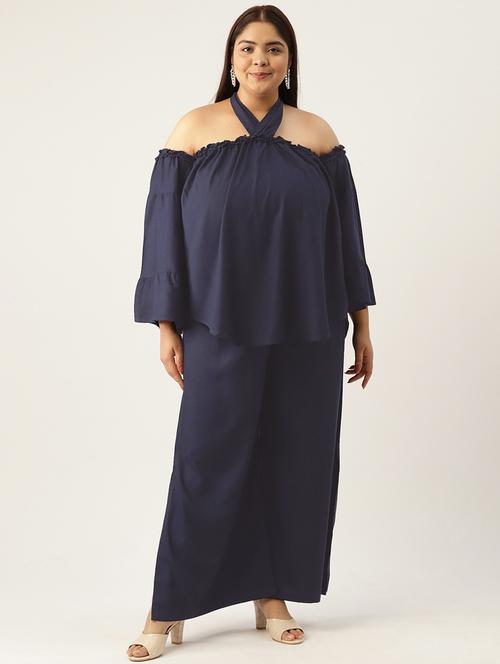 navy blue solid tie back neck top and palazzo co-ord set - 20120489 - Standard Image - 0