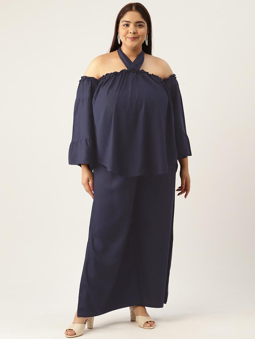 navy blue solid tie back neck top and palazzo co-ord set - 20120489 - Zoom Image - 0