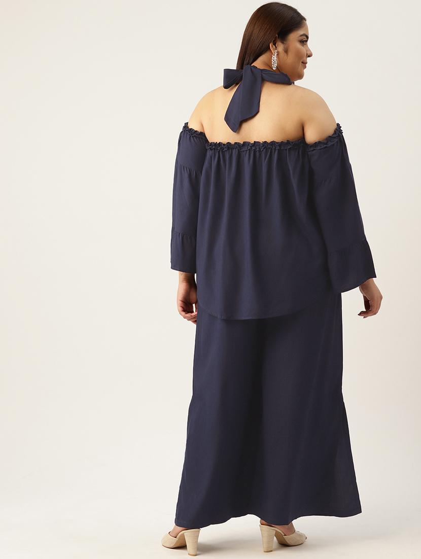 navy blue solid tie back neck top and palazzo co-ord set - 20120489 - Standard Image - 3