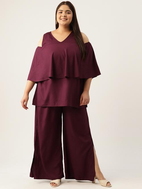 purple solid cold shoulder top and palazzo co-ord set - 20120492 - Standard Image - 0