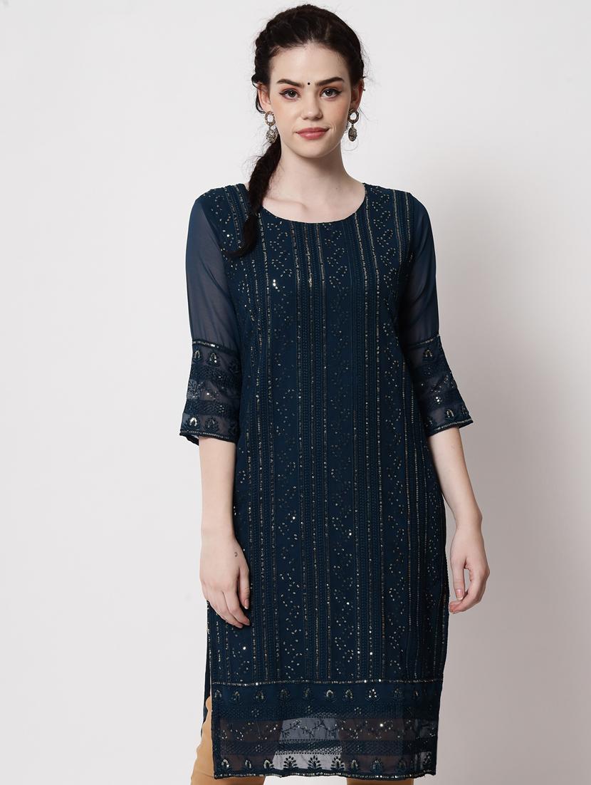round neck self design straight kurta - 20120602 -  Zoom Image - 0