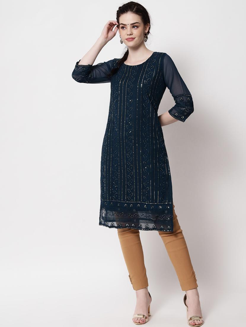 round neck self design straight kurta - 20120602 - Standard Image - 3
