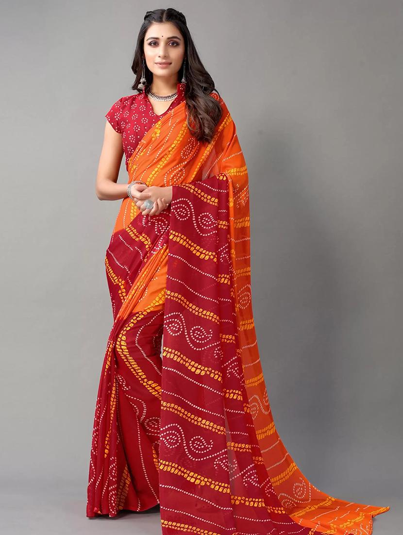 women's bandhani red colored saree with blouse