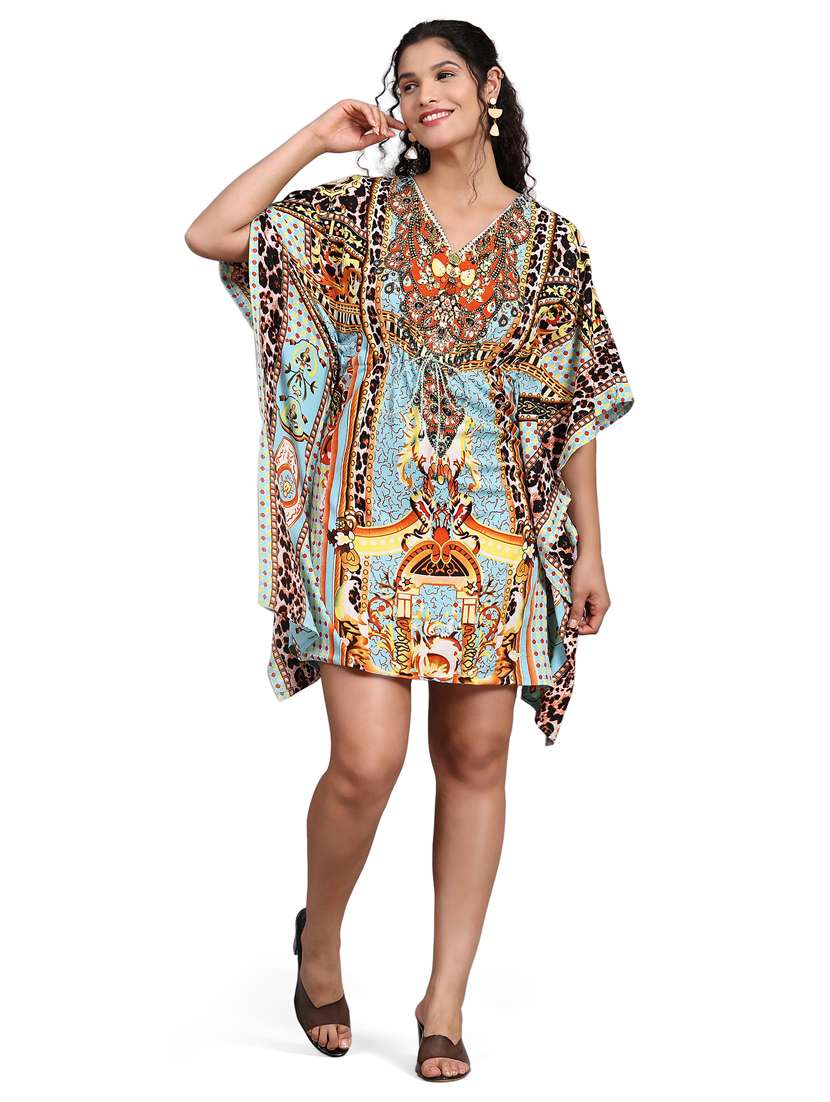 light blue printed round neck relaxed fit kaftan dress
