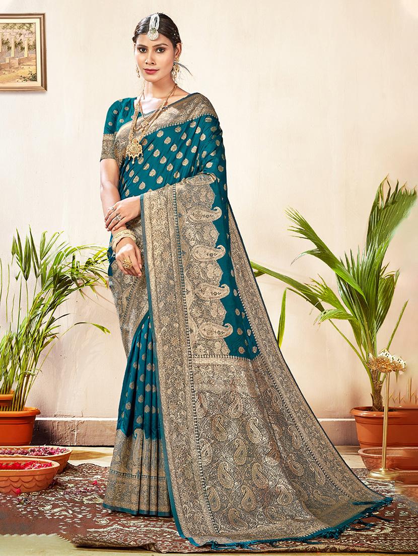 teal woven saree with blouse - 20122132 -  Zoom Image - 0
