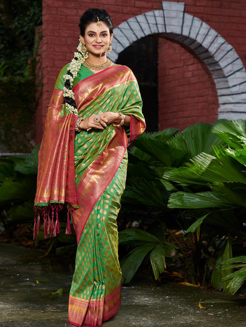 women's self design green colored saree with blouse