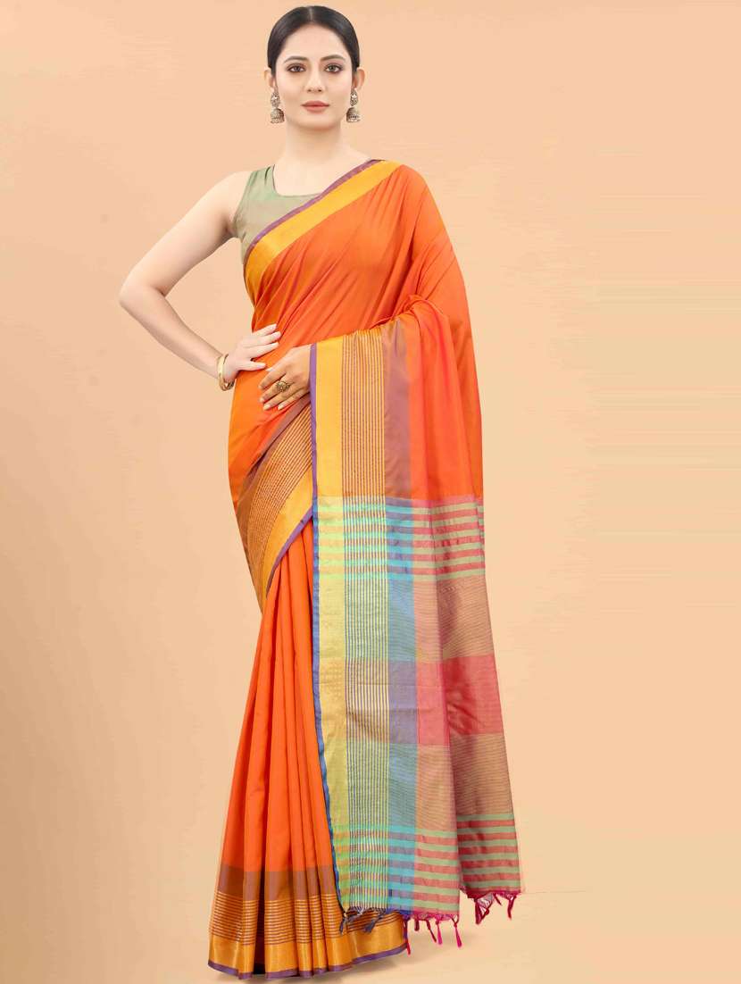women's self design orange colored saree with blouse