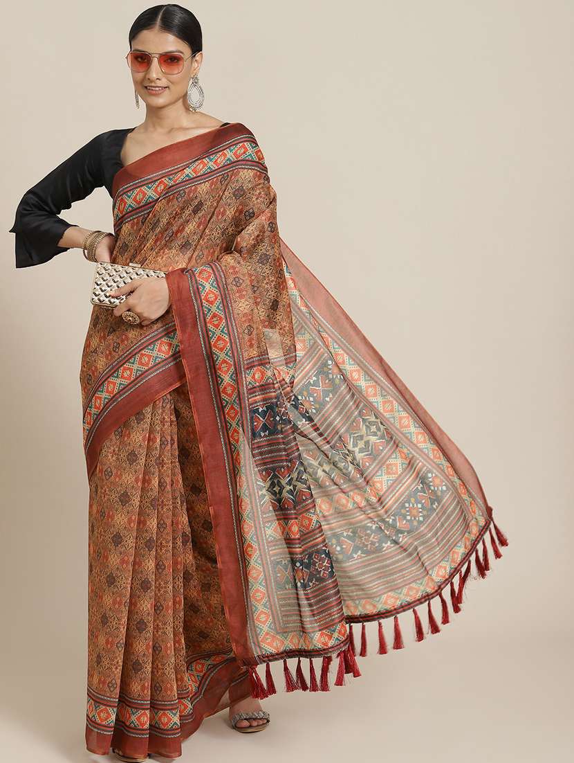 women's ajrakh brown colored saree with blouse