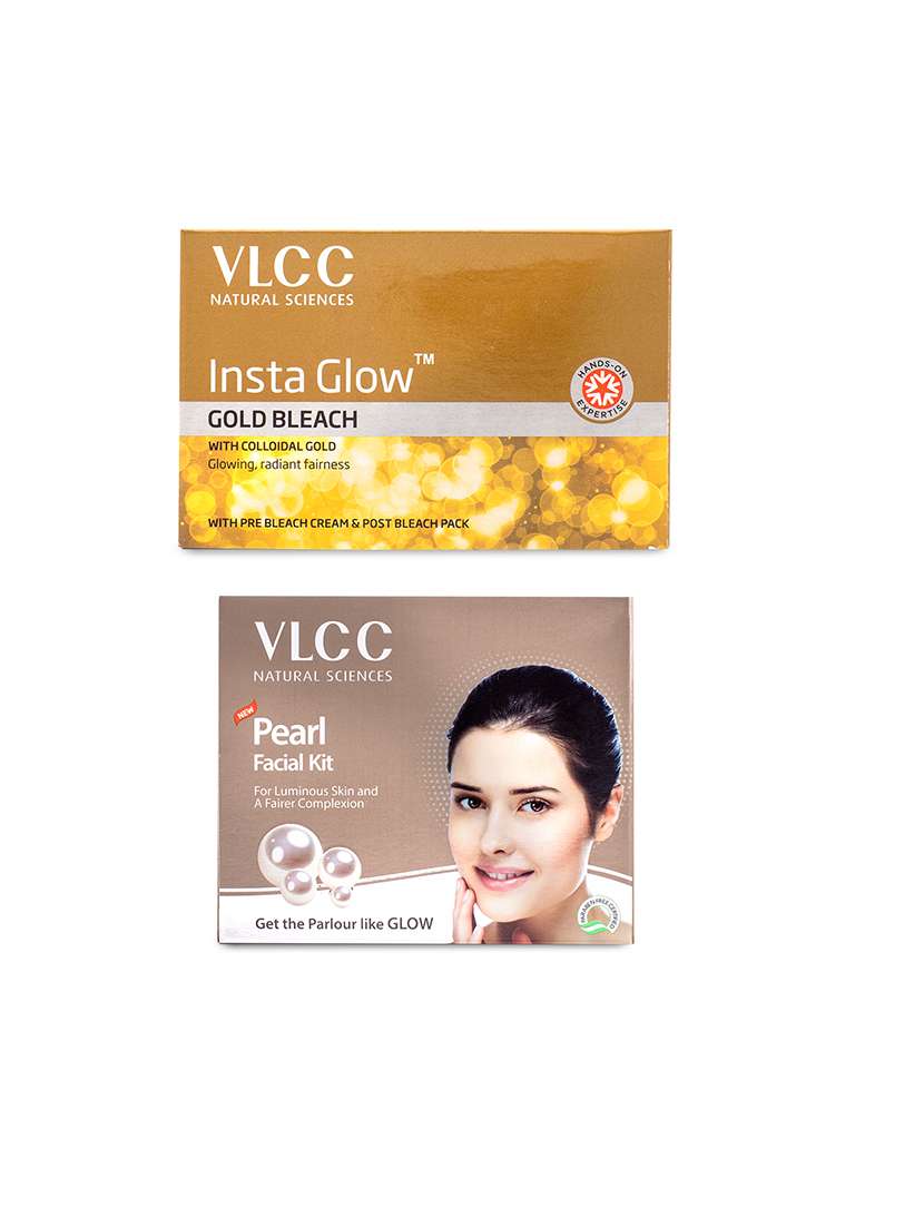 vlcc facial kit combo - pearl single facial kit - 60 ml & insta glow gold bleach - 30 ml