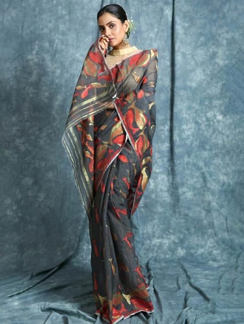 black silk printed saree with blouse - 20125351 - Standard Image - 0