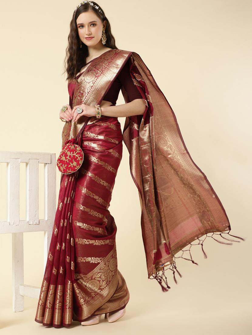 maroon self design banarasi saree with blouse - 20125530 - Zoom Image - 0