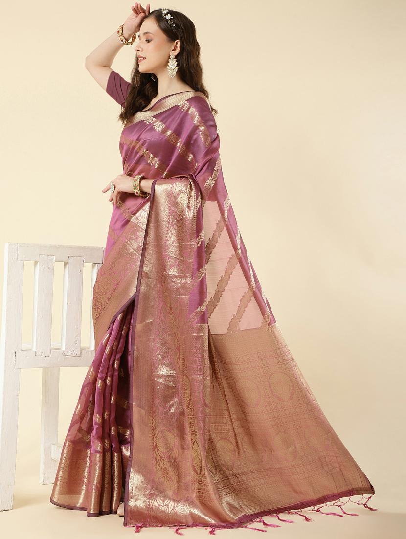 purple self design banarasi saree with blouse - 20125532 - Zoom Image - 0