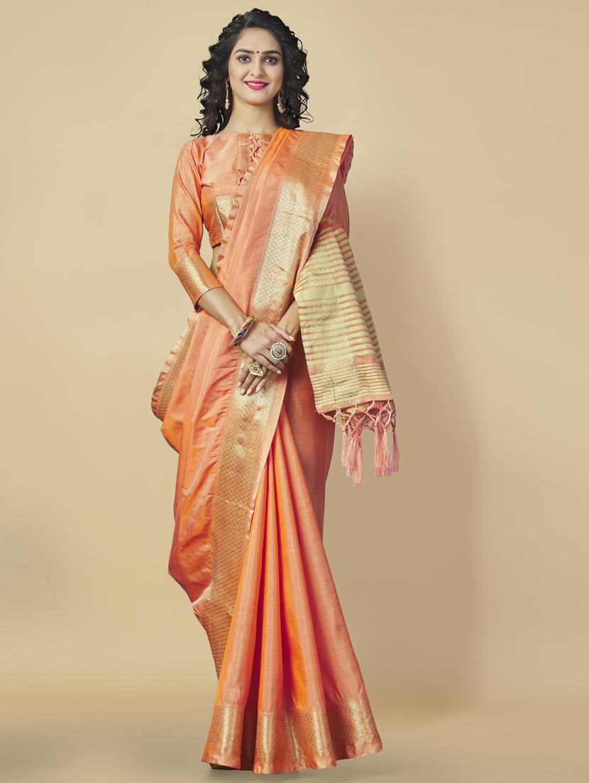 orange stripes woven saree with blouse - 20125846 -  Zoom Image - 0