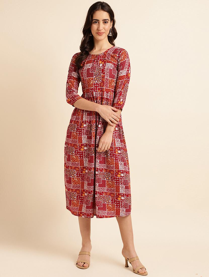 red printed a-line ethnic dress - 20129110 - Zoom Image - 0