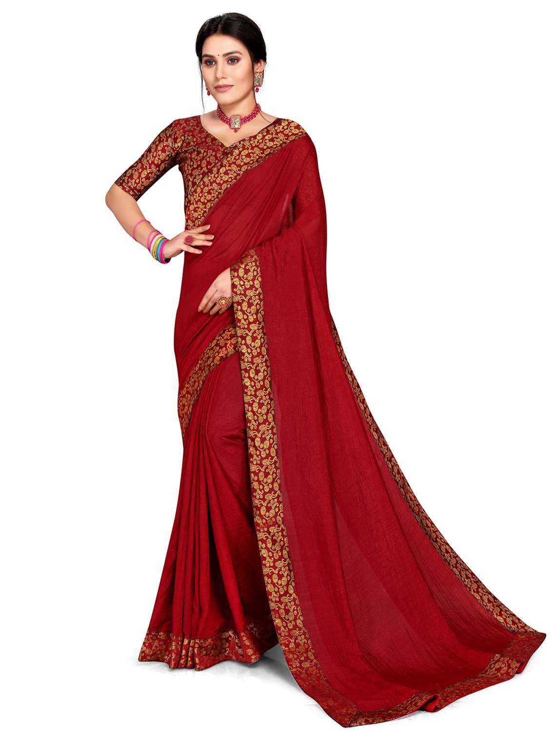 women's bordered royal blue colored saree with blouse - 20130545 - Zoom Image - 0