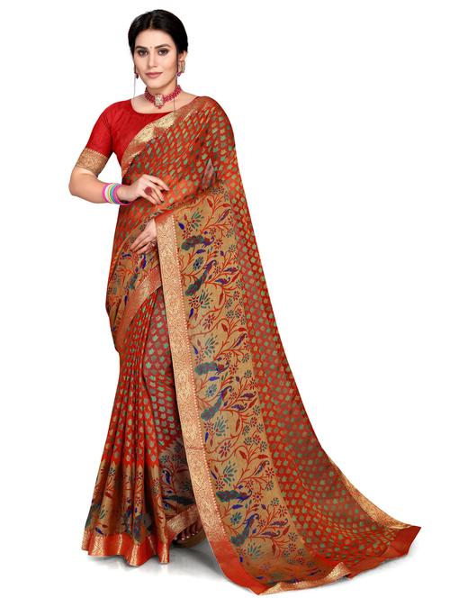 women's bordered coral colored saree with blouse - 20130556 - Standard Image - 0