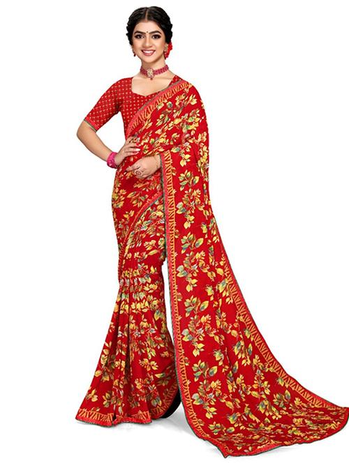 women's floral red colored saree with blouse - 20130587 - Standard Image - 0