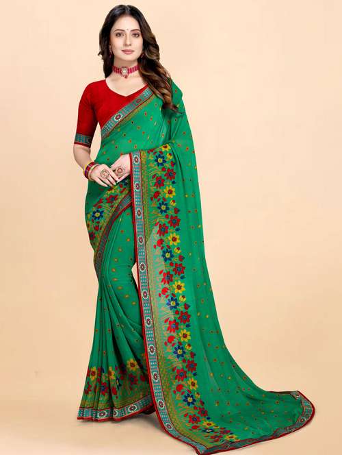 women's floral sea green colored saree with blouse - 20130597 -  Standard Image - 0