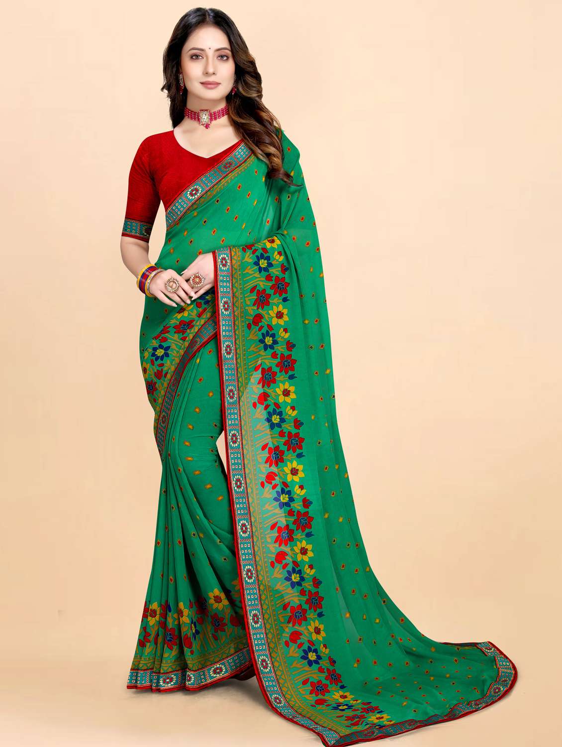 women's floral sea green colored saree with blouse