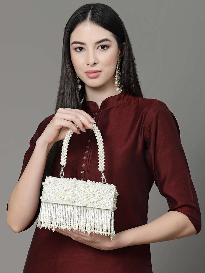 White Faux Silk Fold Over Clutch