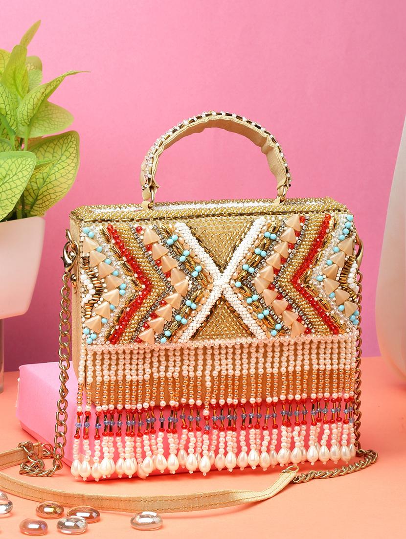 beige embellished fold over clutch - 20132449 -  Zoom Image - 0