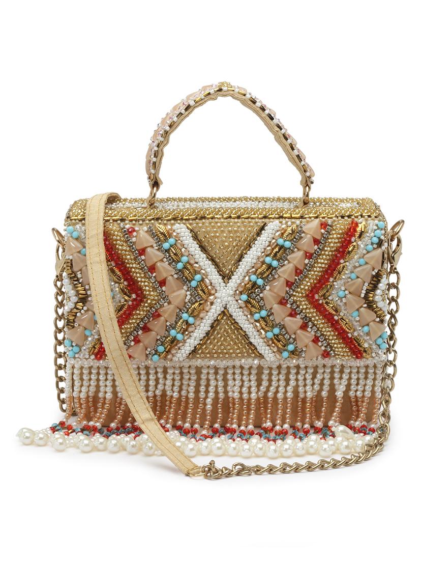 beige embellished fold over clutch - 20132449 - Standard Image - 3