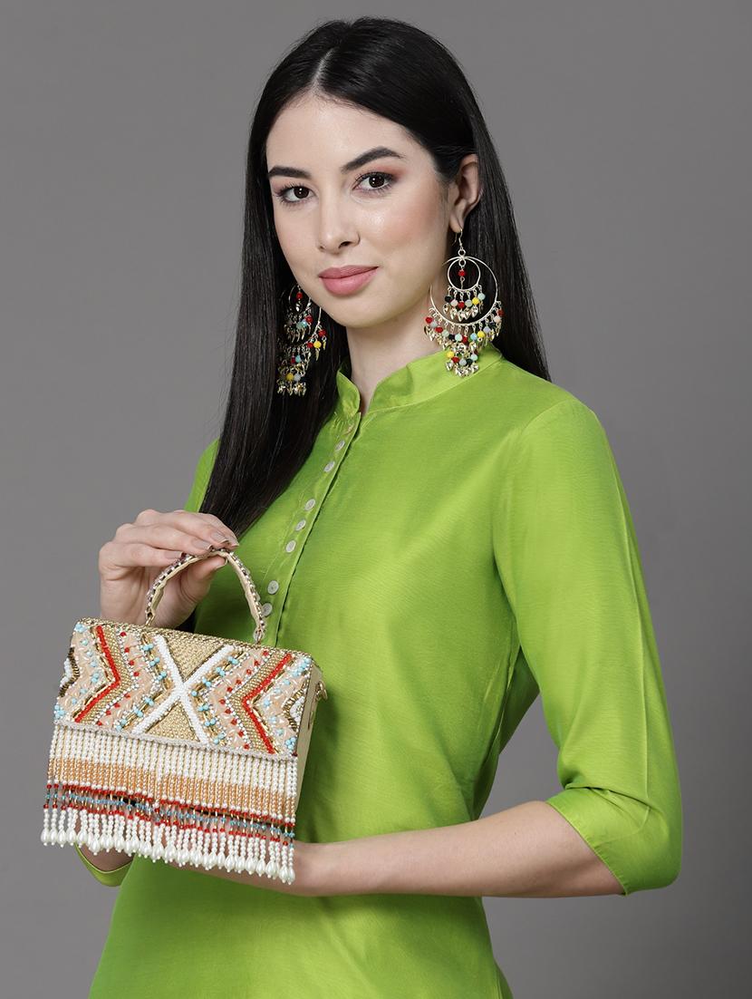 beige embellished fold over clutch - 20132449 - Standard Image - 5