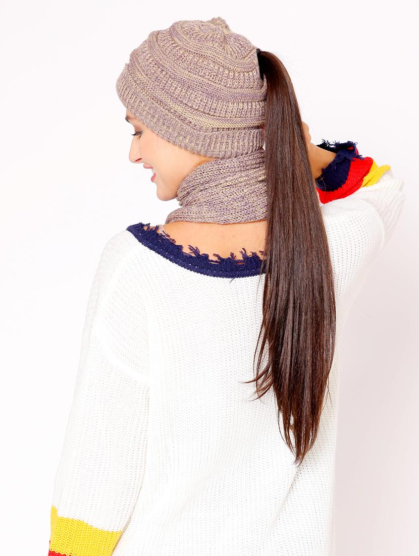 purple set of chunky ponytail beanie and muffler for women - 20132507 - Standard Image - 5
