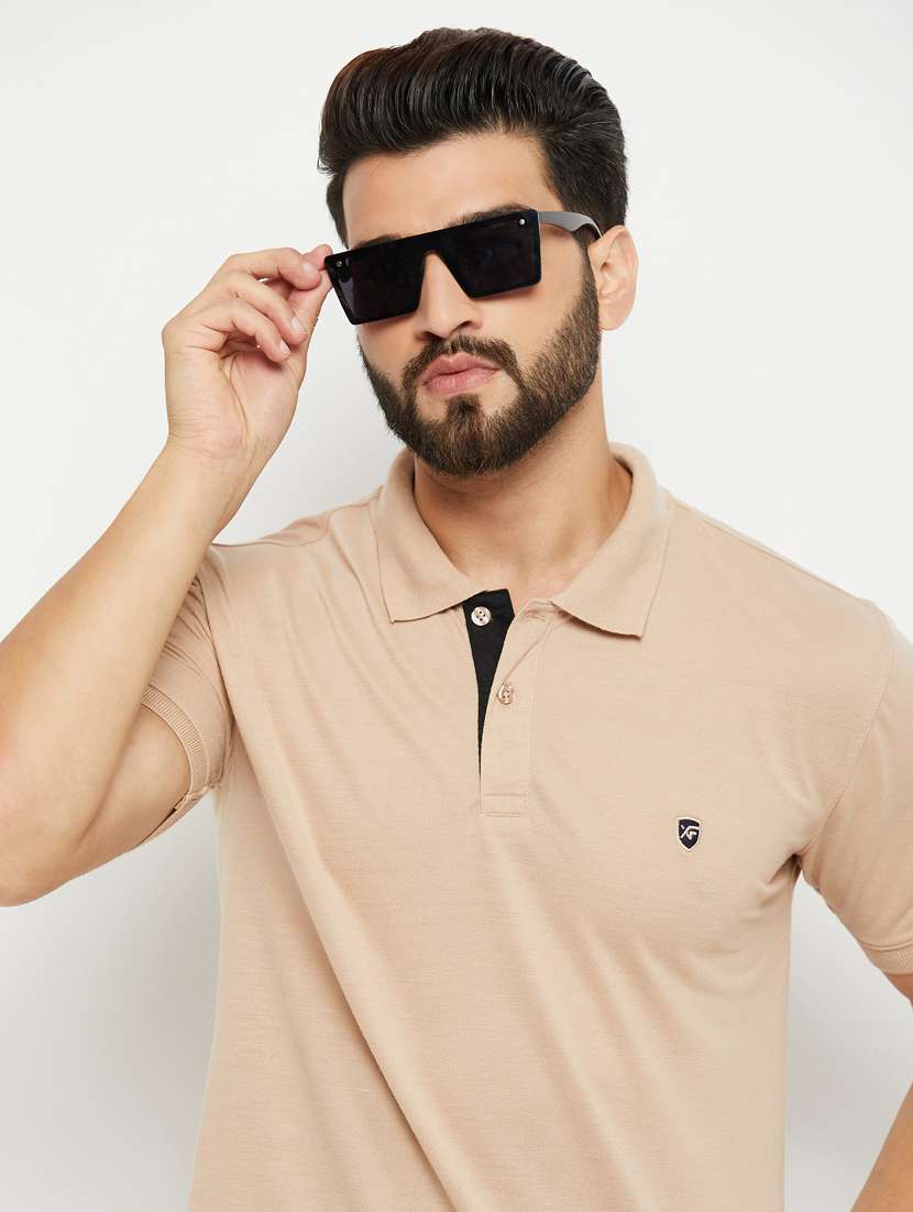 beige solid short sleeves regular fit polo t-shirt  - 20132820 -  Standard Image - 3