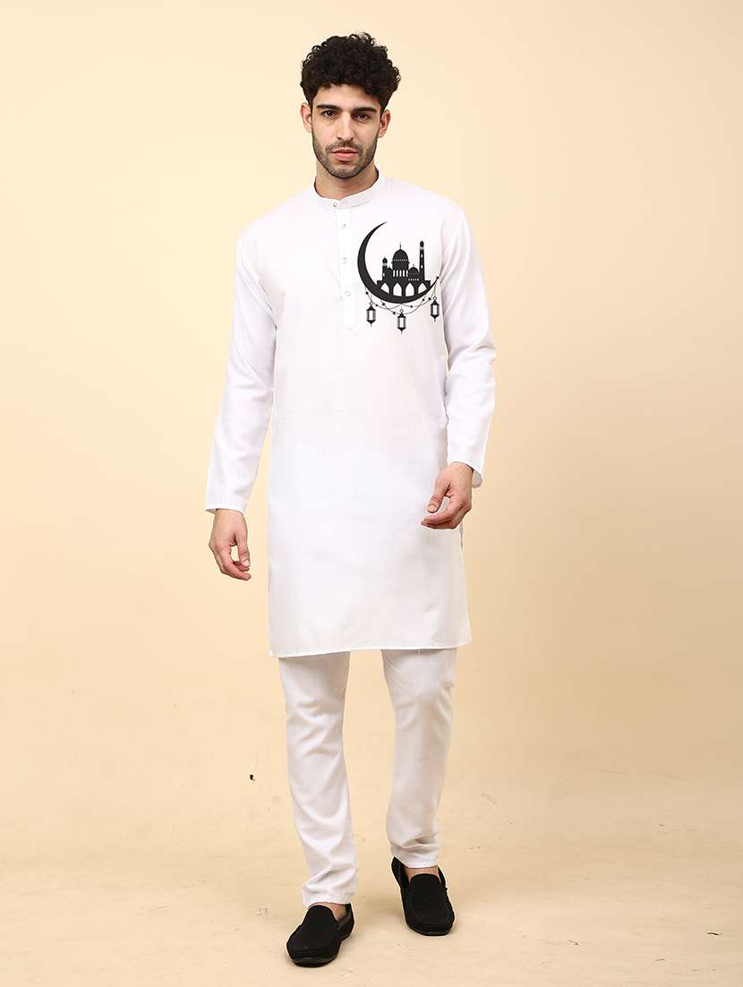 white printed mandarin neck kurta - 20132873 - Zoom Image - 0