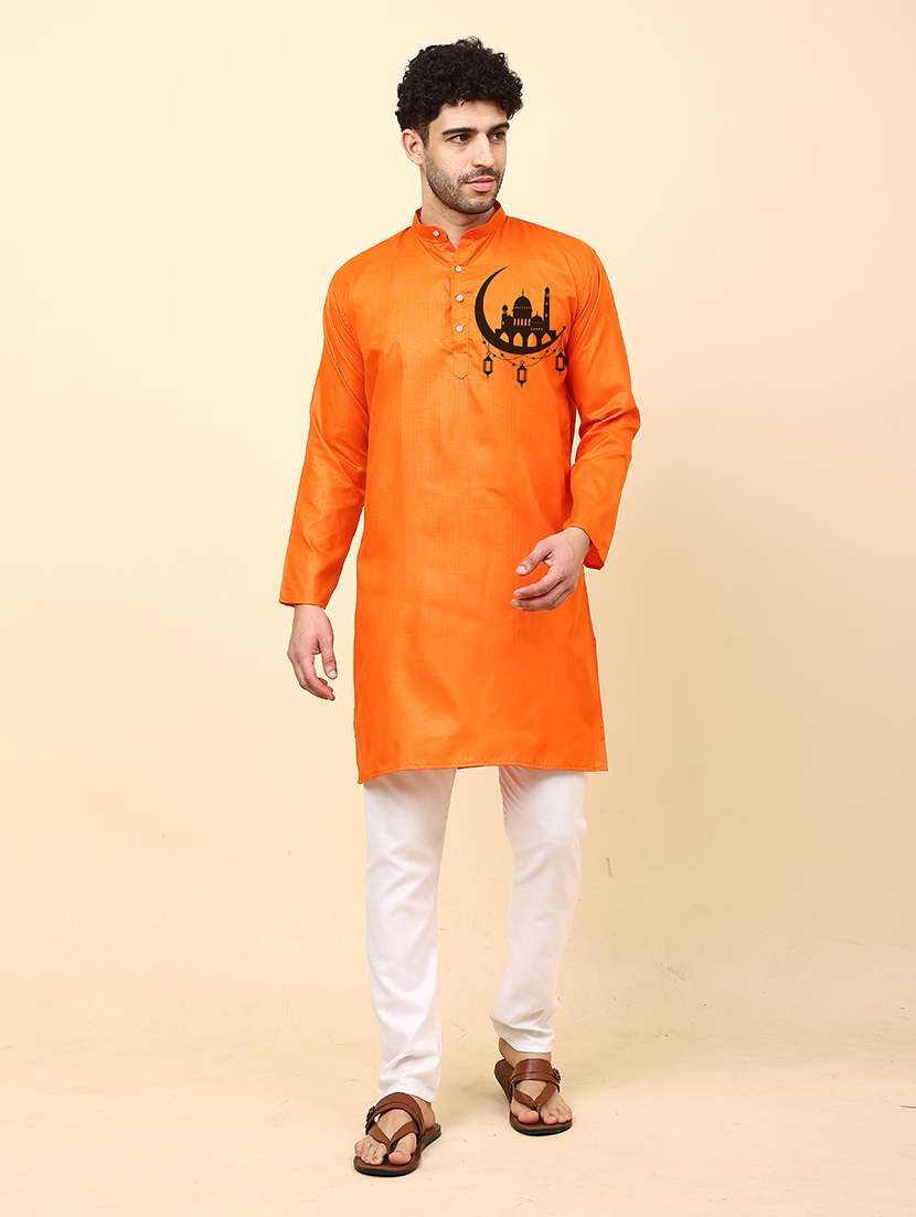 orange printed mandarin neck kurta - 20132874 -  Zoom Image - 0