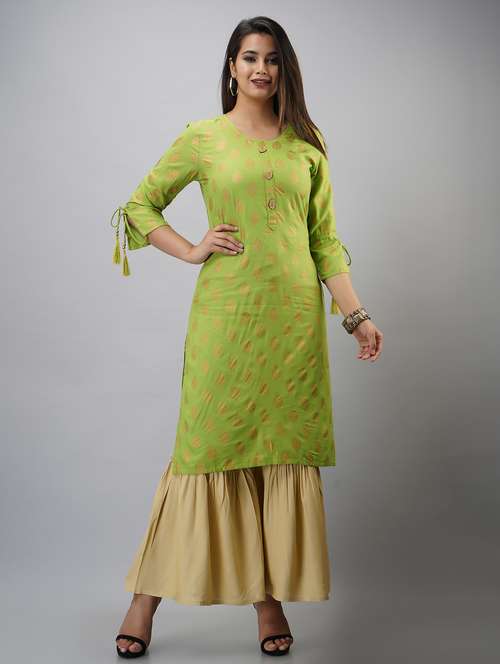 green printed three quarter sleeve kurta sharara set - 20132921 -  Standard Image - 0