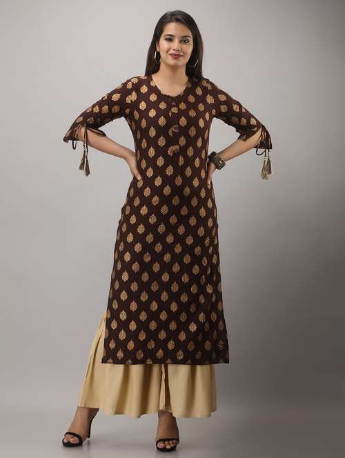 brown printed three quarter sleeve kurta sharara set - 20132926 - Standard Image - 0