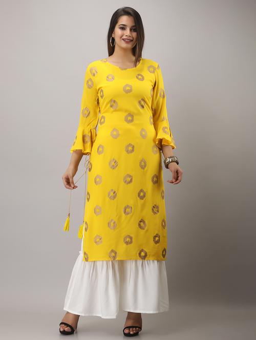 yellow printed three quarter sleeve kurta sharara set - 20132930 - Standard Image - 0