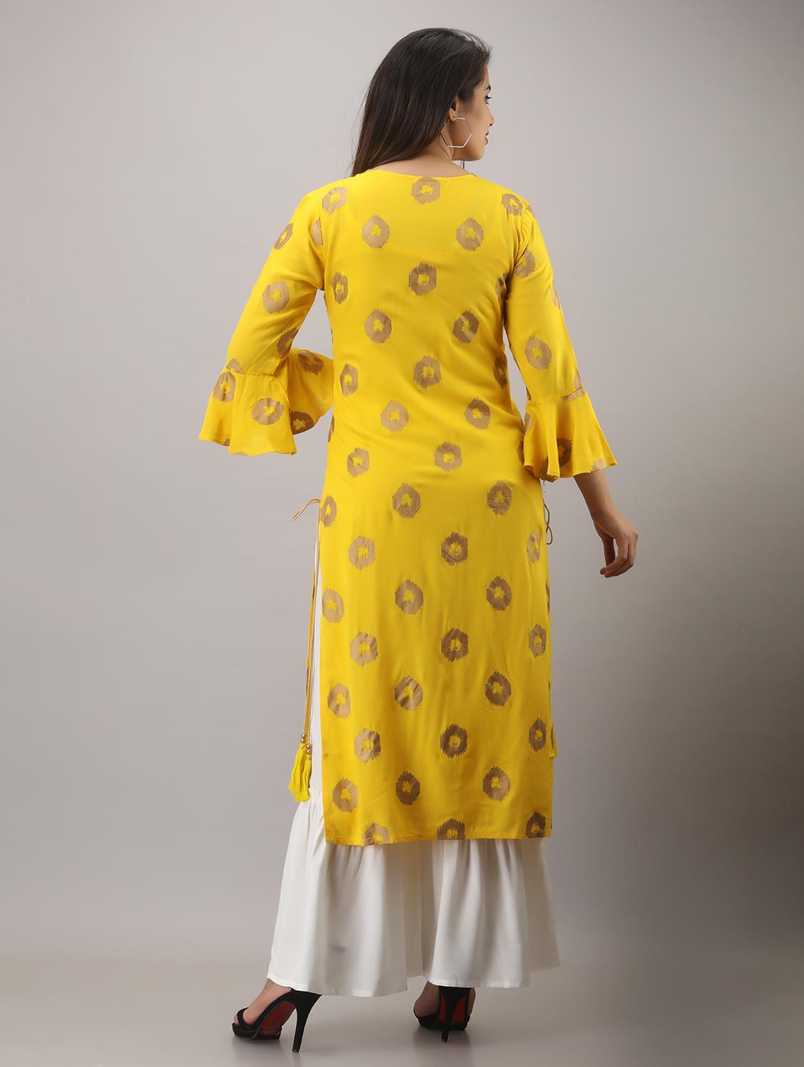 yellow printed three quarter sleeve kurta sharara set - 20132930 - Standard Image - 3