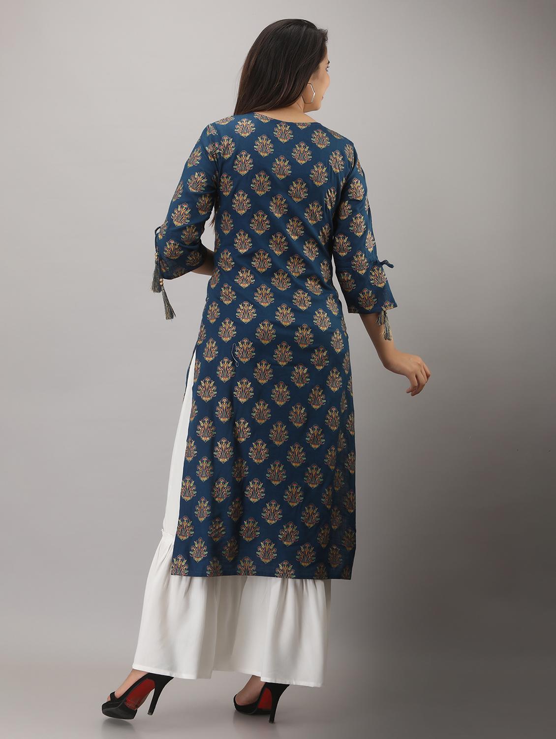 blue printed three quarter sleeve kurta sharara set - 20132933 - Standard Image - 3
