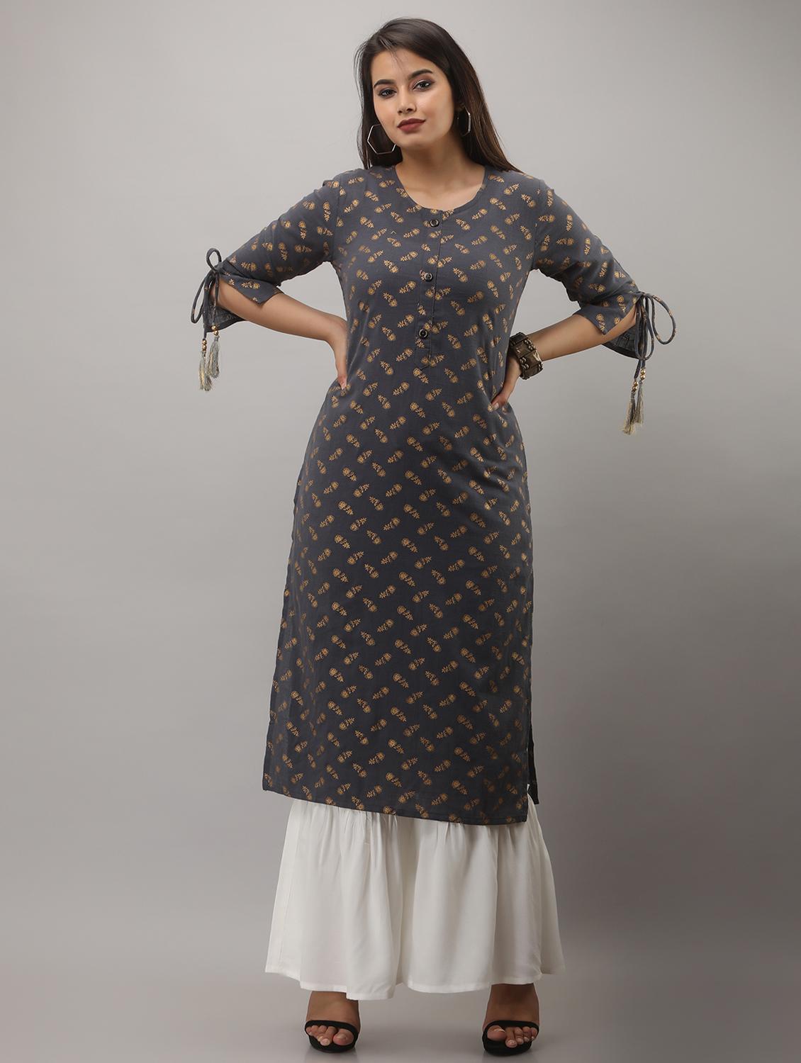 grey printed three quarter sleeve kurta sharara set