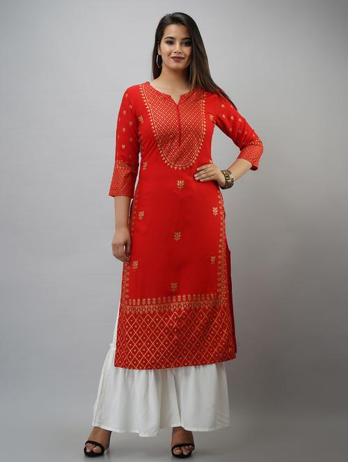 red printed three quarter sleeve kurta sharara set - 20132938 - Standard Image - 0