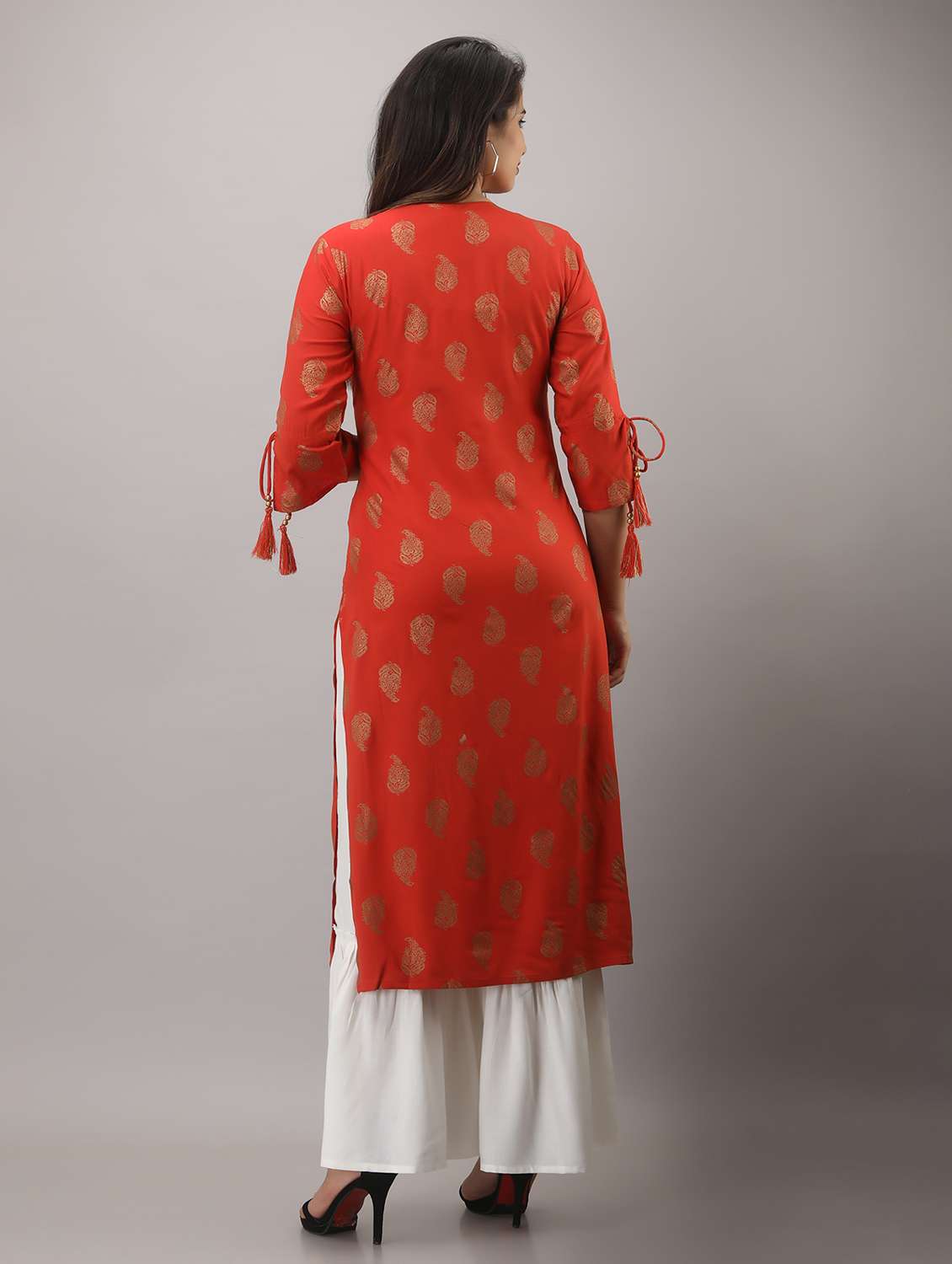 orange printed three quarter sleeve kurta sharara set - 20132939 - Standard Image - 3