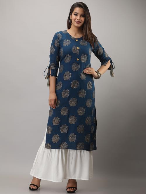 teal blue printed three quarter sleeve kurta sharara set - 20132940 - Standard Image - 0