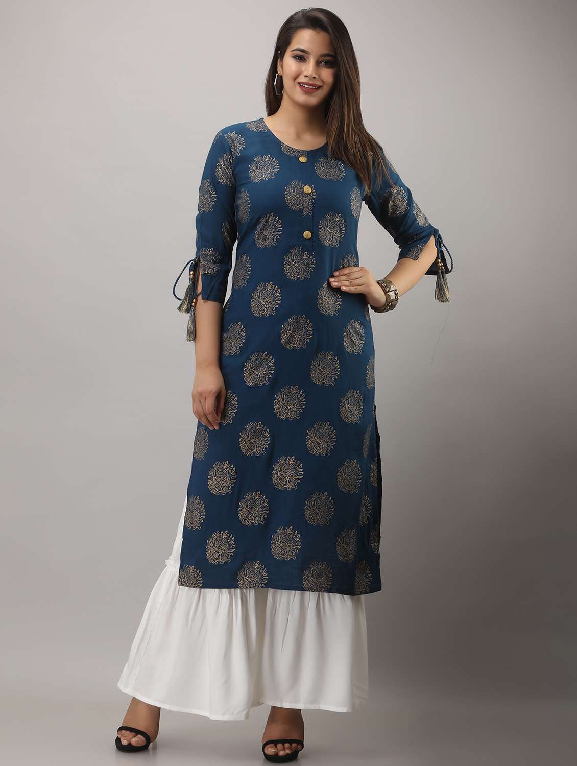 teal blue printed three quarter sleeve kurta sharara set - 20132940 - Zoom Image - 0