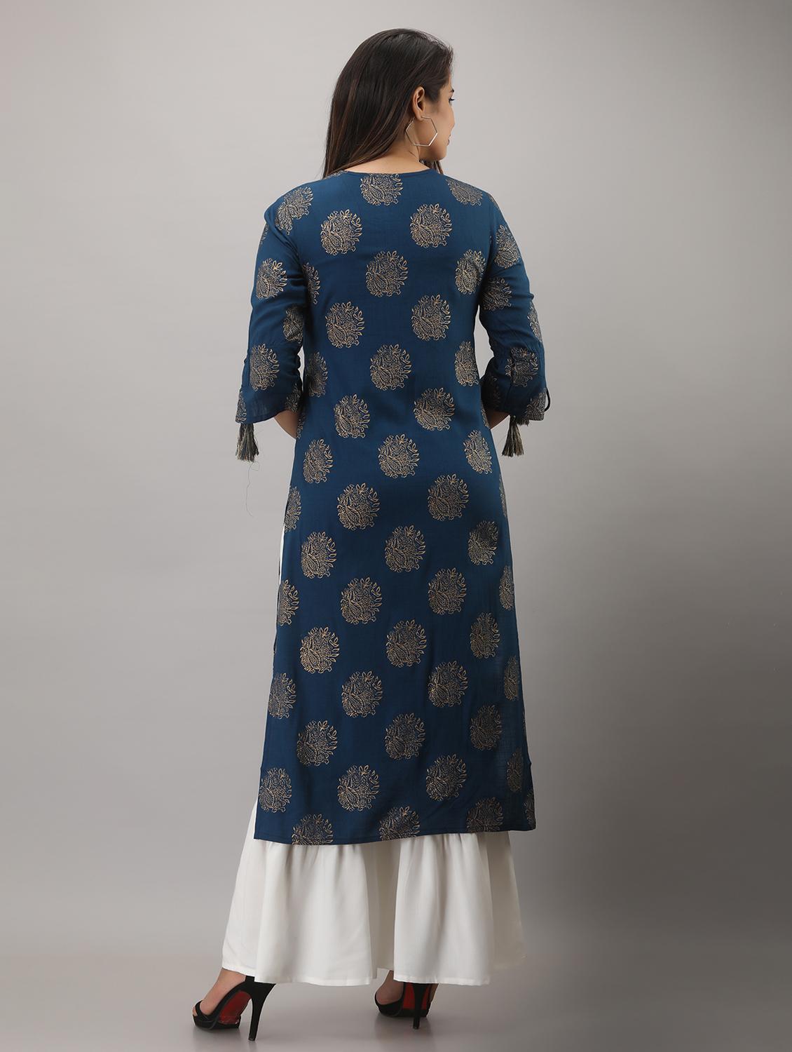 teal blue printed three quarter sleeve kurta sharara set - 20132940 - Standard Image - 3