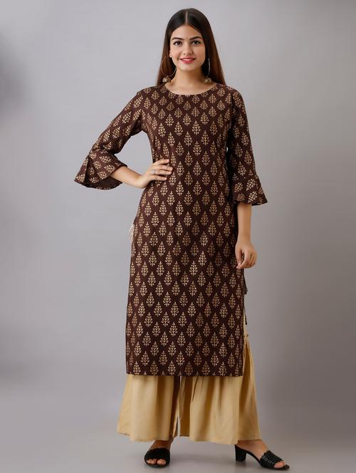 brown printed three quarter sleeve kurta sharara set - 20132945 - Standard Image - 0