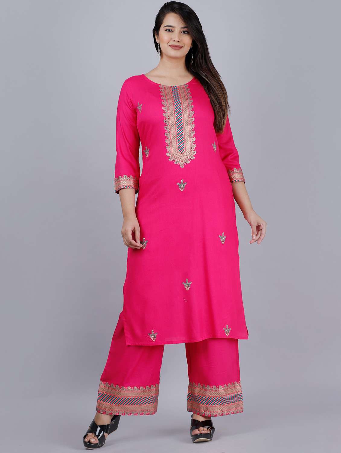 round neck printed kurta palazzo set - 20132959 - Zoom Image - 0