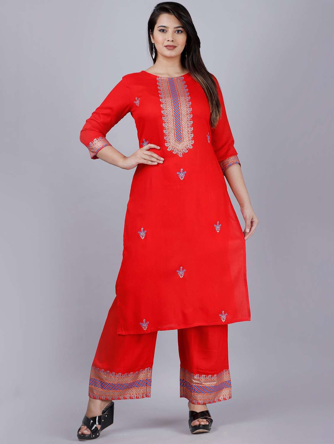 round neck printed kurta palazzo set - 20132961 - Zoom Image - 0